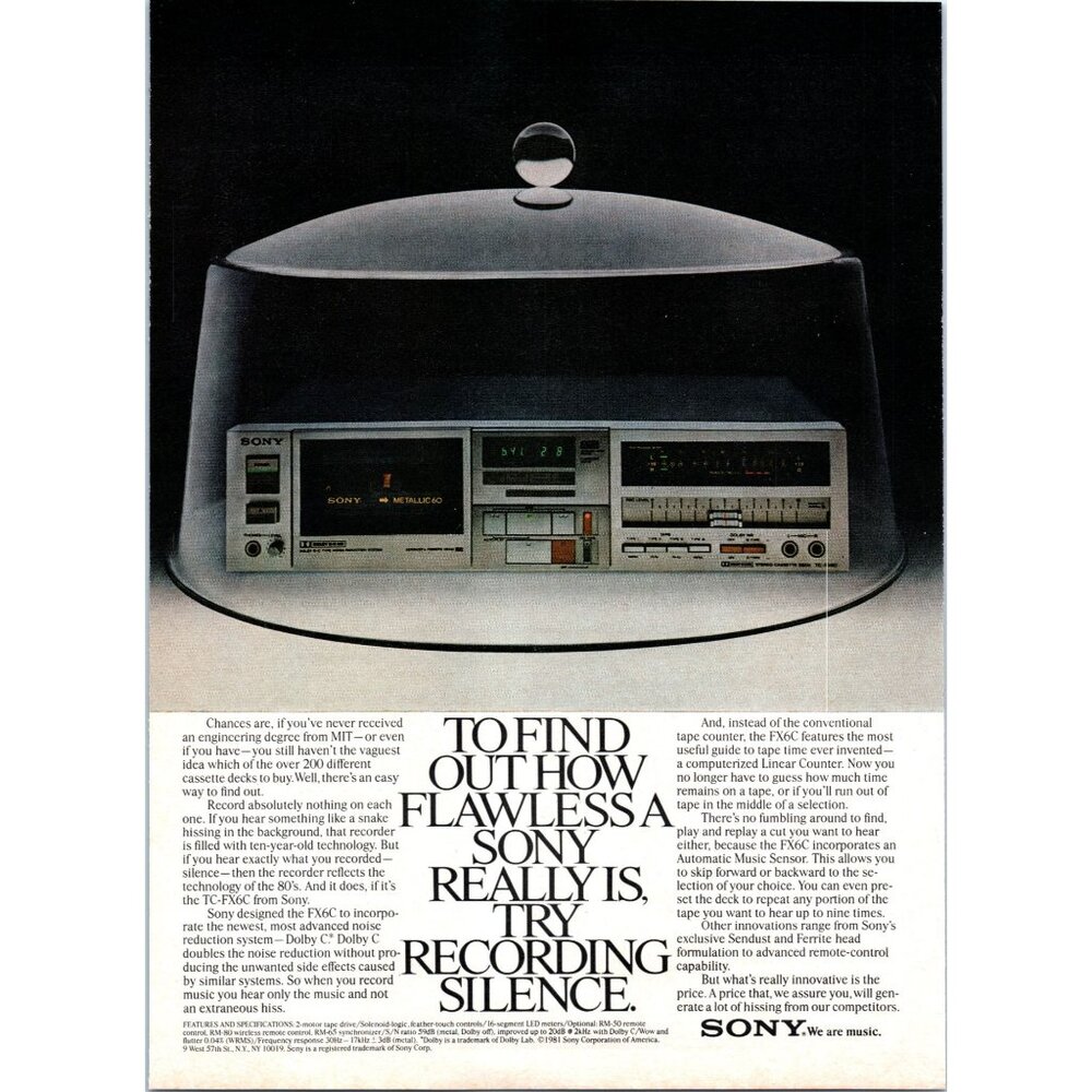 1981 Sony FX6C Cassette Tape Deck Stereo Under Glass Vintage Print Ad Wall Art